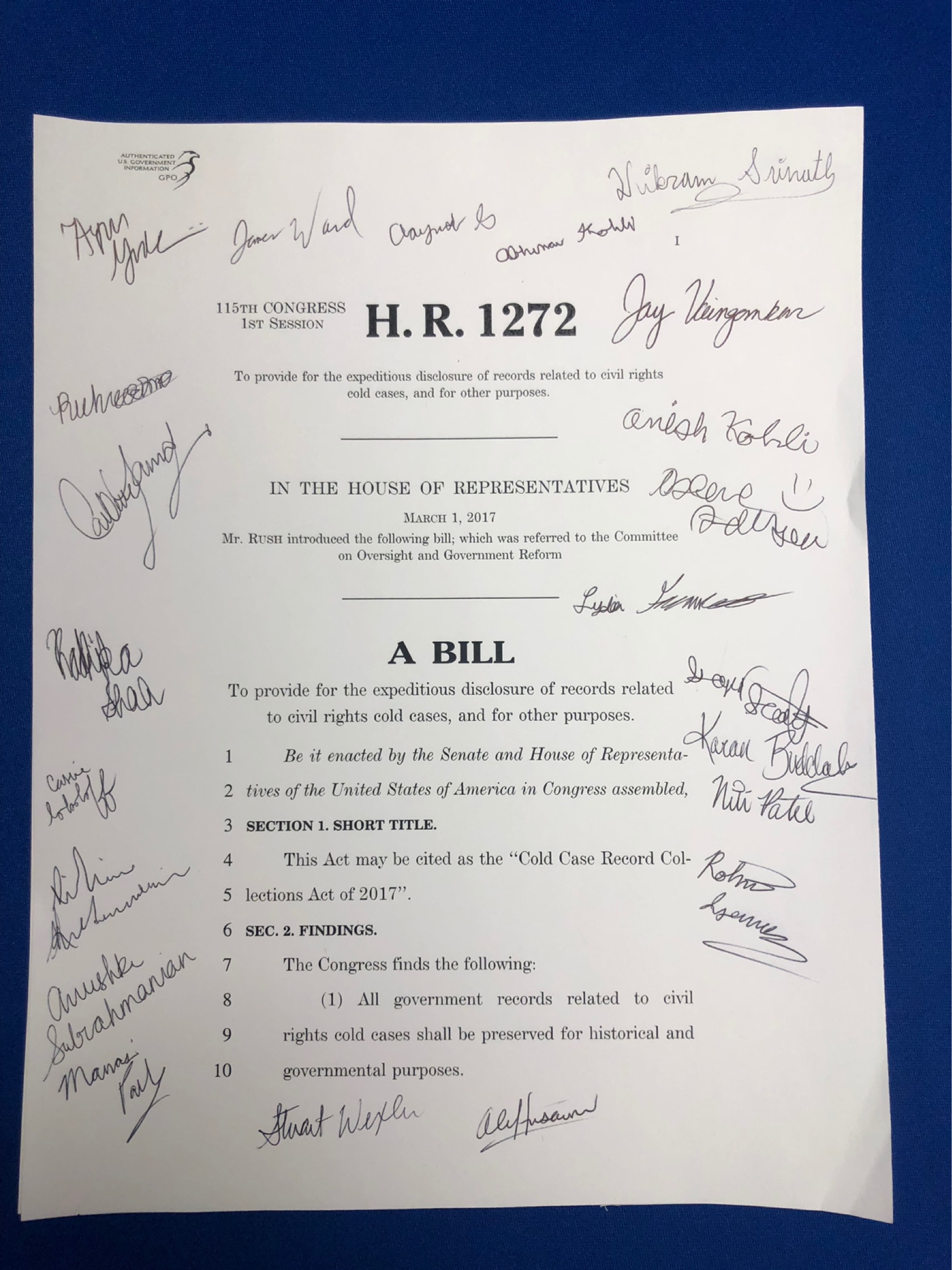 A copy of the House of Representatives version of the Cold Case Act signed by students who have worked on the bill.
